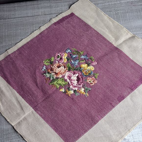 Vtg Completed Needlepoint Petit Point Floral Victorian Burgundy Diamond 18X18.5” - Picture 5 of 5